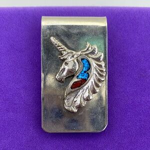 💛 Vintage Silver Tone Unicorn Money Clip | Turquoise & Coral Red Inlay | Unique